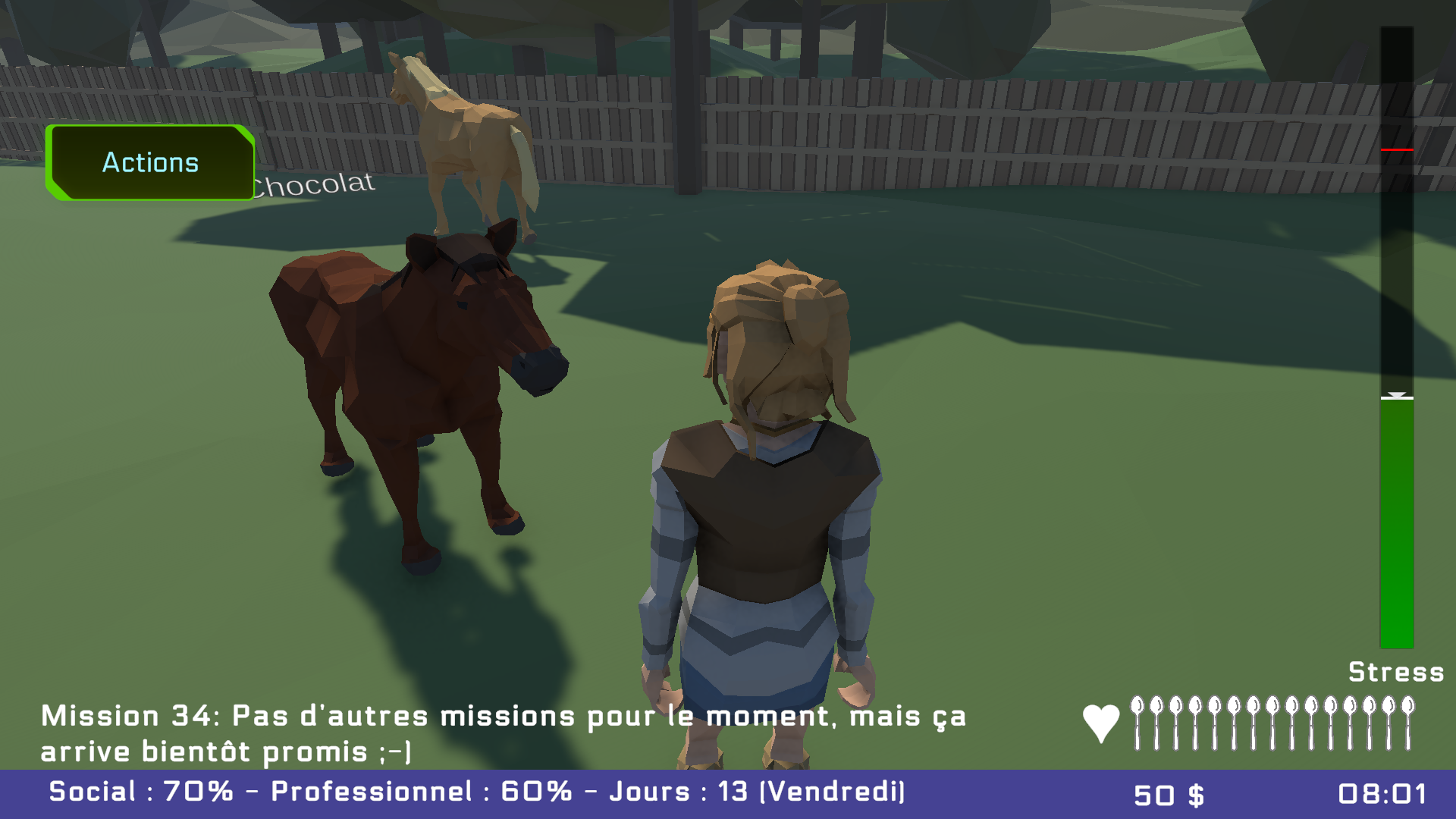 Le personnage au pré du village, près d'un cheval brun ; un autre cheval, nommé Chocolat, se tient près de la clôture.