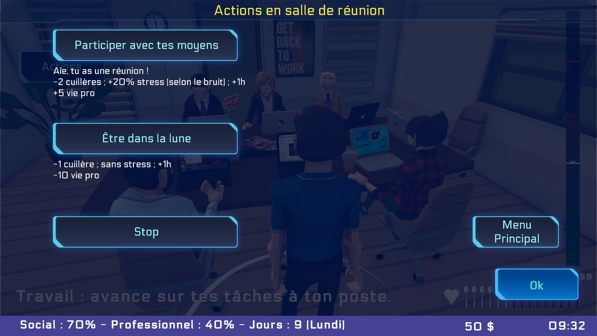Menu « Actions en salle de réunion » devant les collègues réunis : Participer avec tes moyens (-2 cuillères, +20 % de stress selon le bruit, +5 vie pro) ou Être dans la lune (-1 cuillère, sans stress, -10 vie pro).