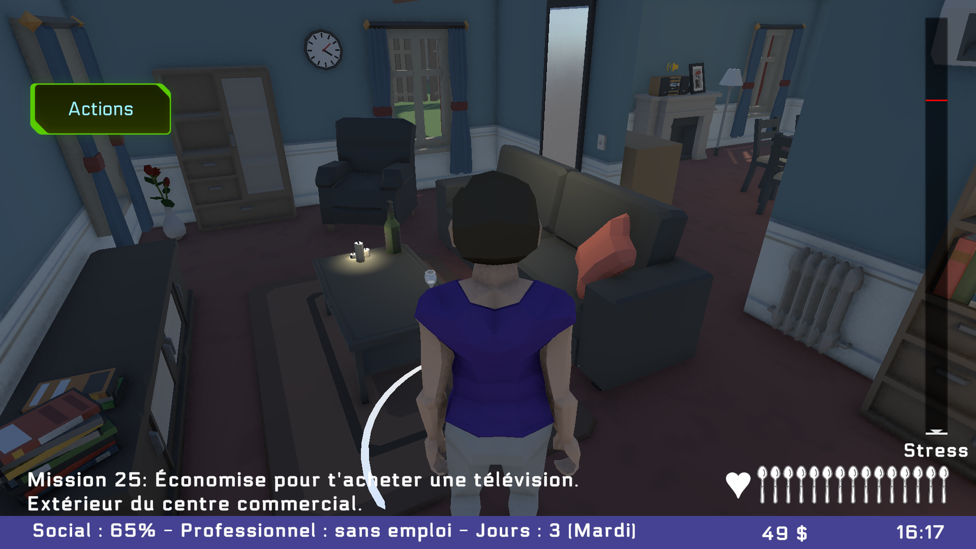 Le personnage dans le salon de la maison, debout dans un cercle blanc ; le bouton Actions est devenu vert.