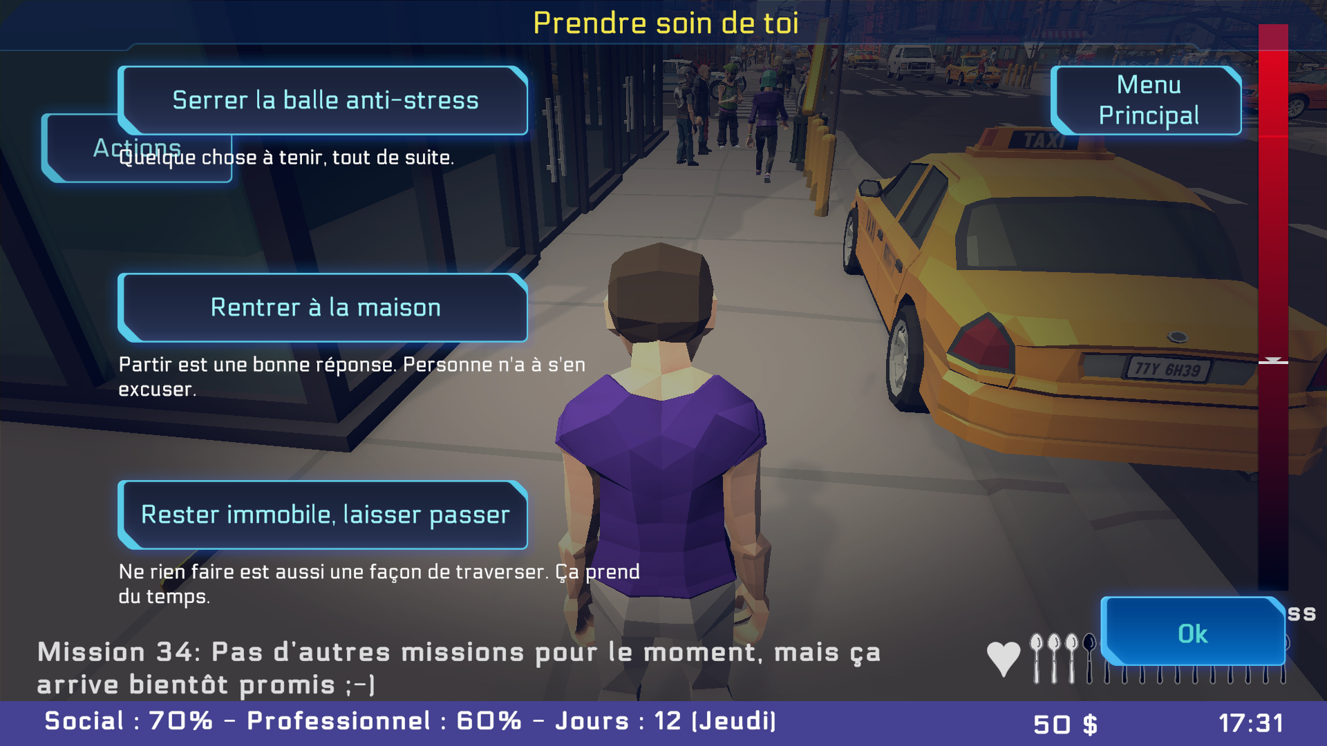 Menu « Prendre soin de toi » pendant une crise en ville, barre de stress au maximum : serrer la balle anti-stress, rentrer à la maison, rester immobile et laisser passer.