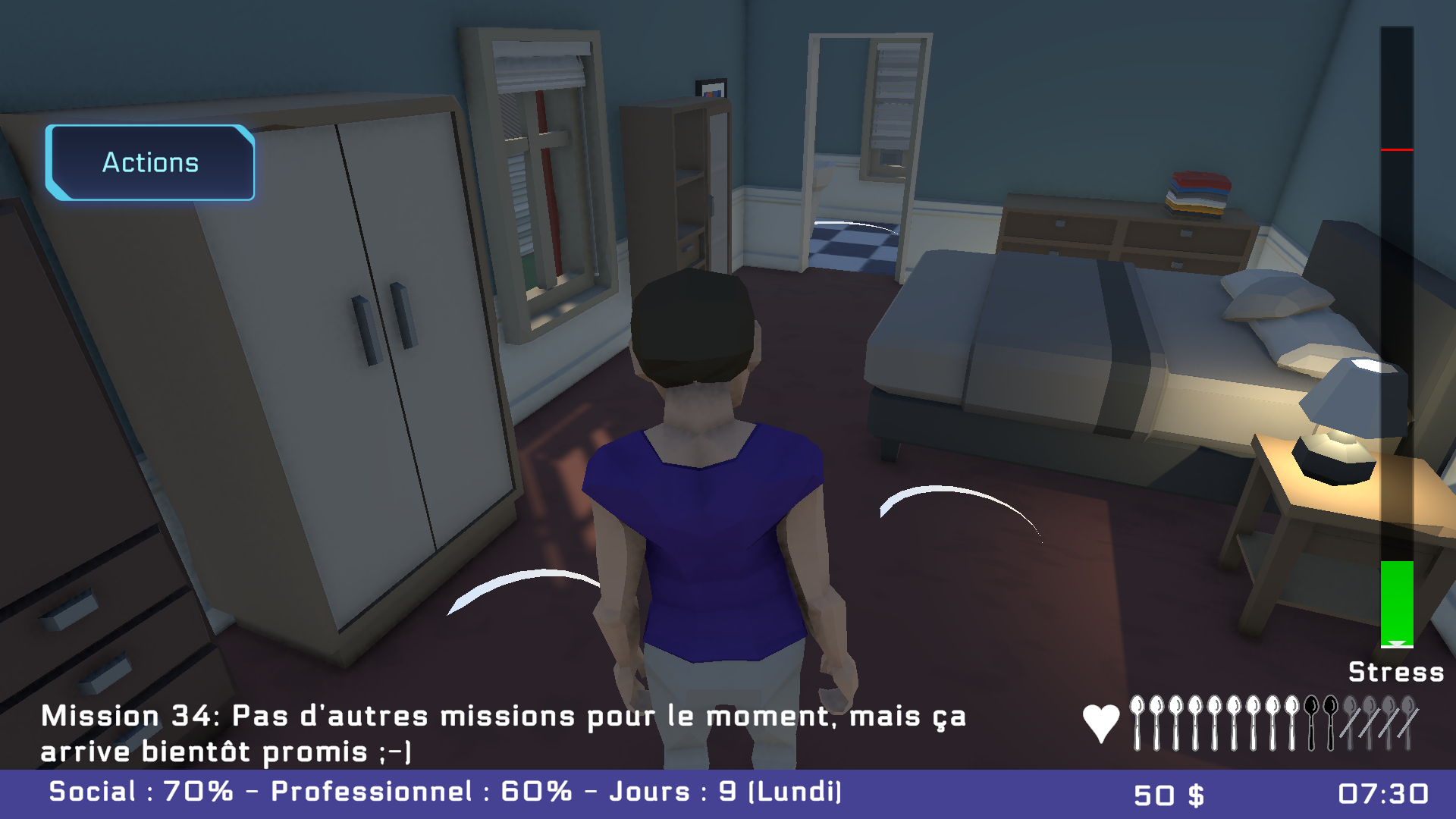 Le personnage dans sa chambre au réveil ; en bas à droite, les dernières cuillères sont grisées et barrées.