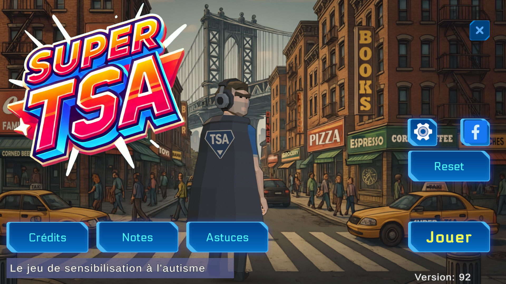 Écran titre de Super TSA : le logo, le personnage avec sa cape et son casque dans une rue de ville, les boutons Crédits, Notes, Astuces, Reset et Jouer.
