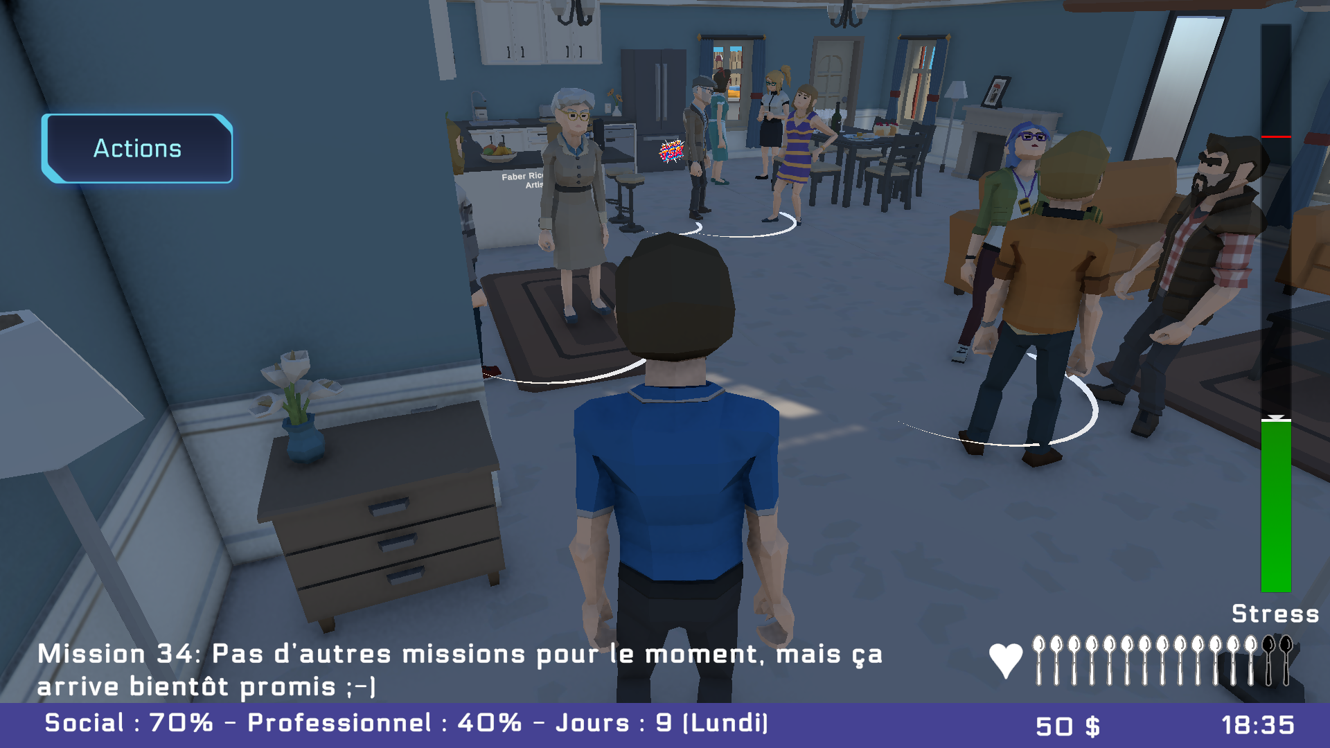 La fête dans une maison remplie d'invités qui discutent, avec des cercles blancs autour des groupes.