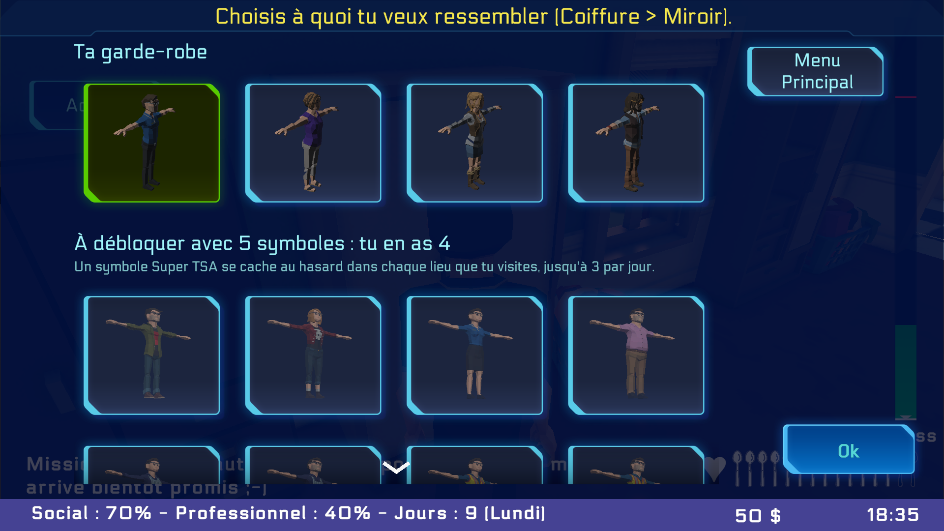 La garde-robe : quatre tenues disponibles, dont celle portée en vert, et des tenues « à débloquer avec 5 symboles : tu en as 4 ».