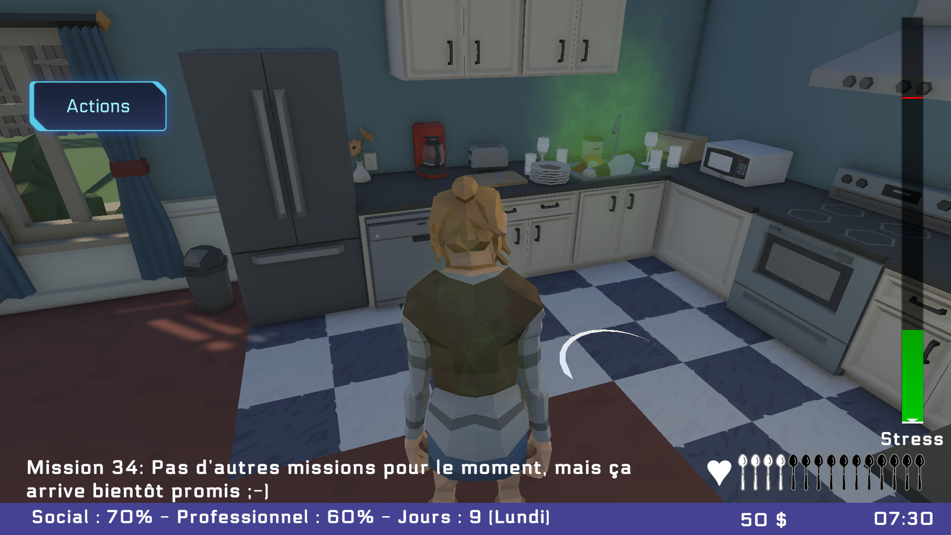 Le personnage dans la cuisine ; une fumée verte s'élève de l'évier rempli de vaisselle sale.