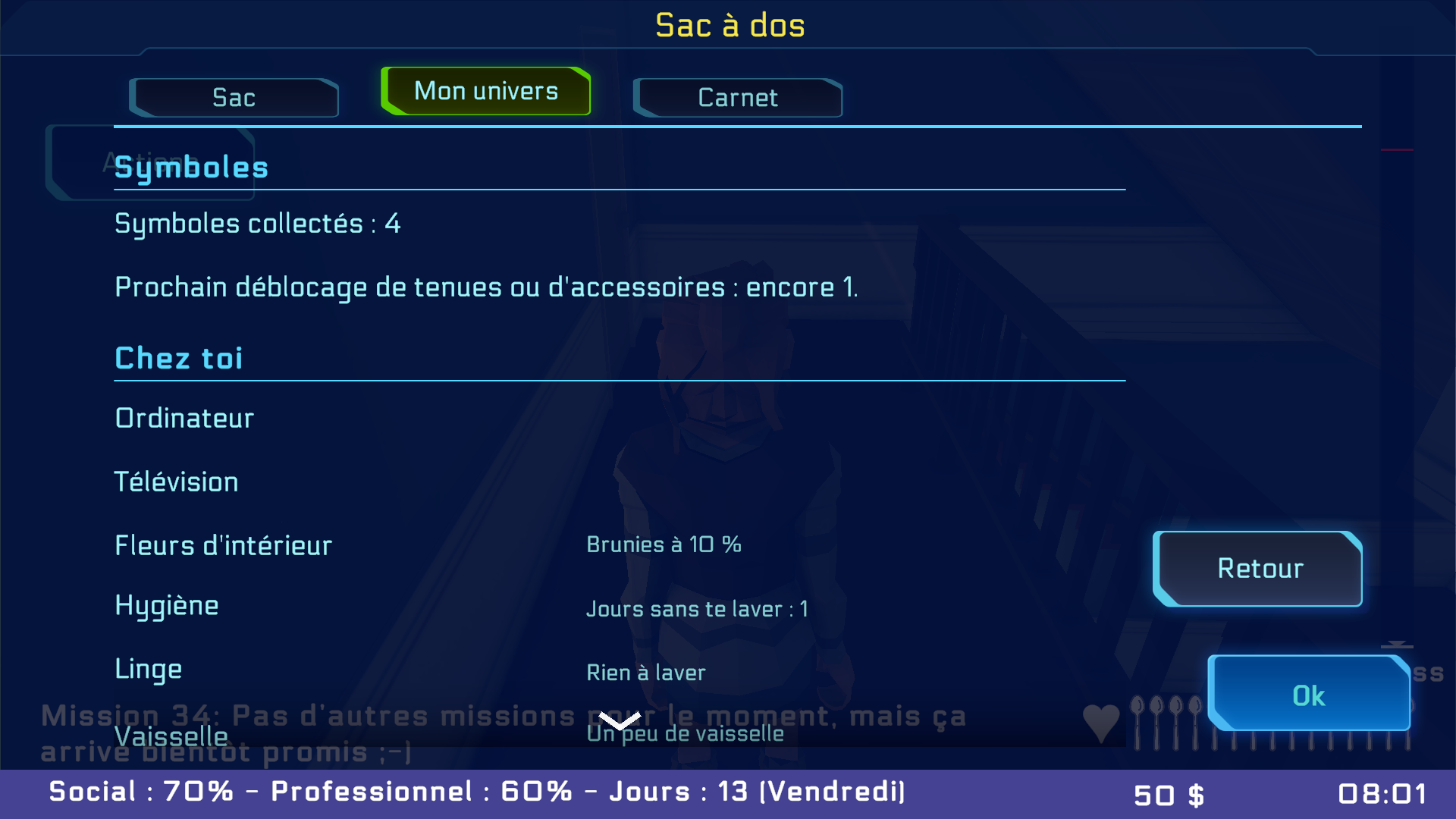 Le Sac à dos ouvert sur l'onglet Mon univers : symboles collectés, prochain déblocage et état de la maison (fleurs, hygiène, linge, vaisselle).