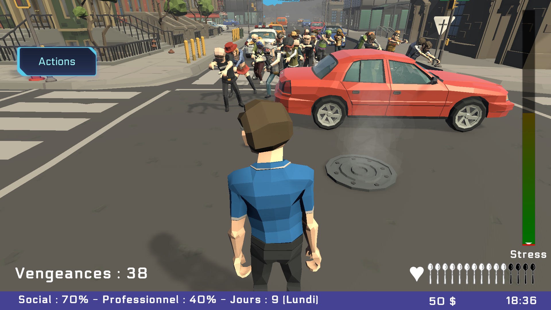 Le mini-jeu Zombies Neurotypiques Shooter : une foule de neurotypiques avance vers le personnage dans une rue, avec le compteur « Vengeances : 38 ».