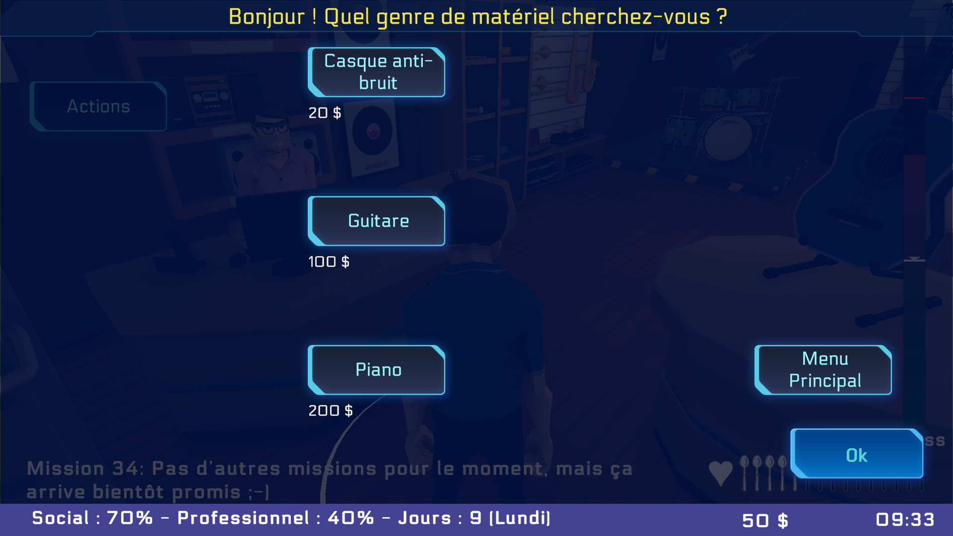 Le vendeur du magasin de musique demande « Quel genre de matériel cherchez-vous ? » : casque anti-bruit 20 $, guitare 100 $, piano 200 $.