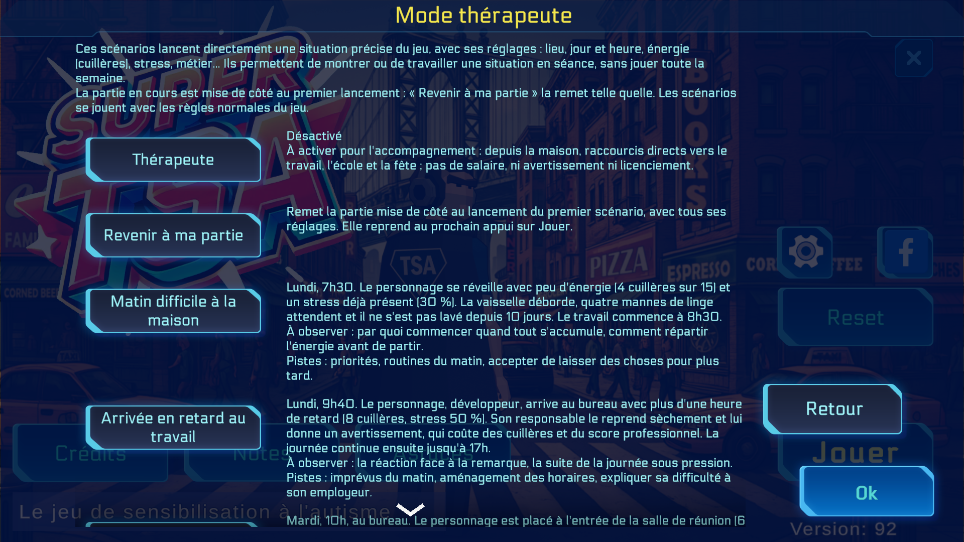 L'écran Mode thérapeute : le bouton Thérapeute, Revenir à ma partie, et les scénarios Matin difficile à la maison et Arrivée en retard au travail, chacun avec sa description.